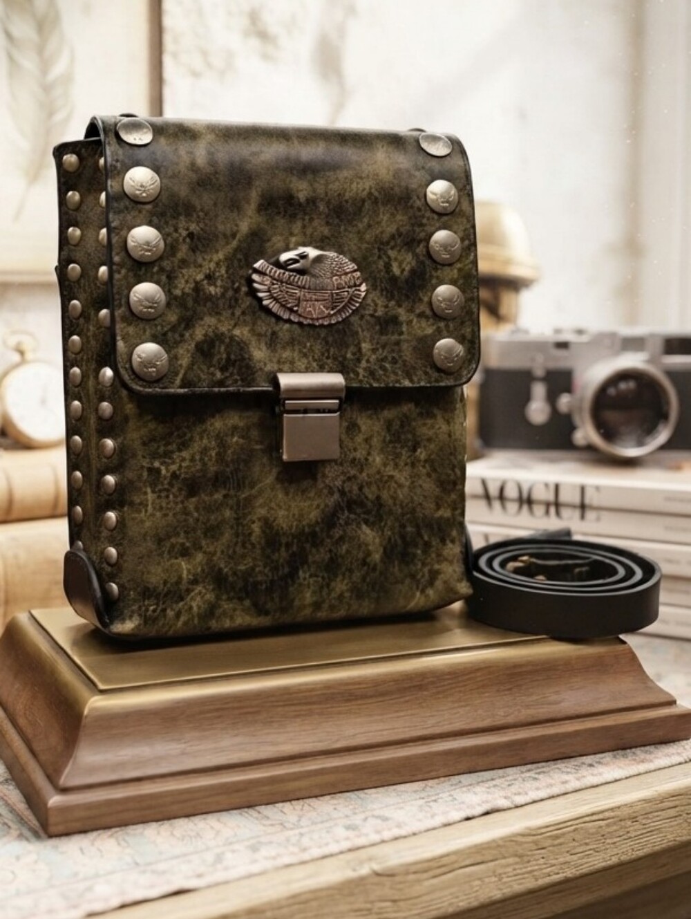American Pride Vintage Rugged Leather Crossbody Bag Grunge Steampunk Biker Chic